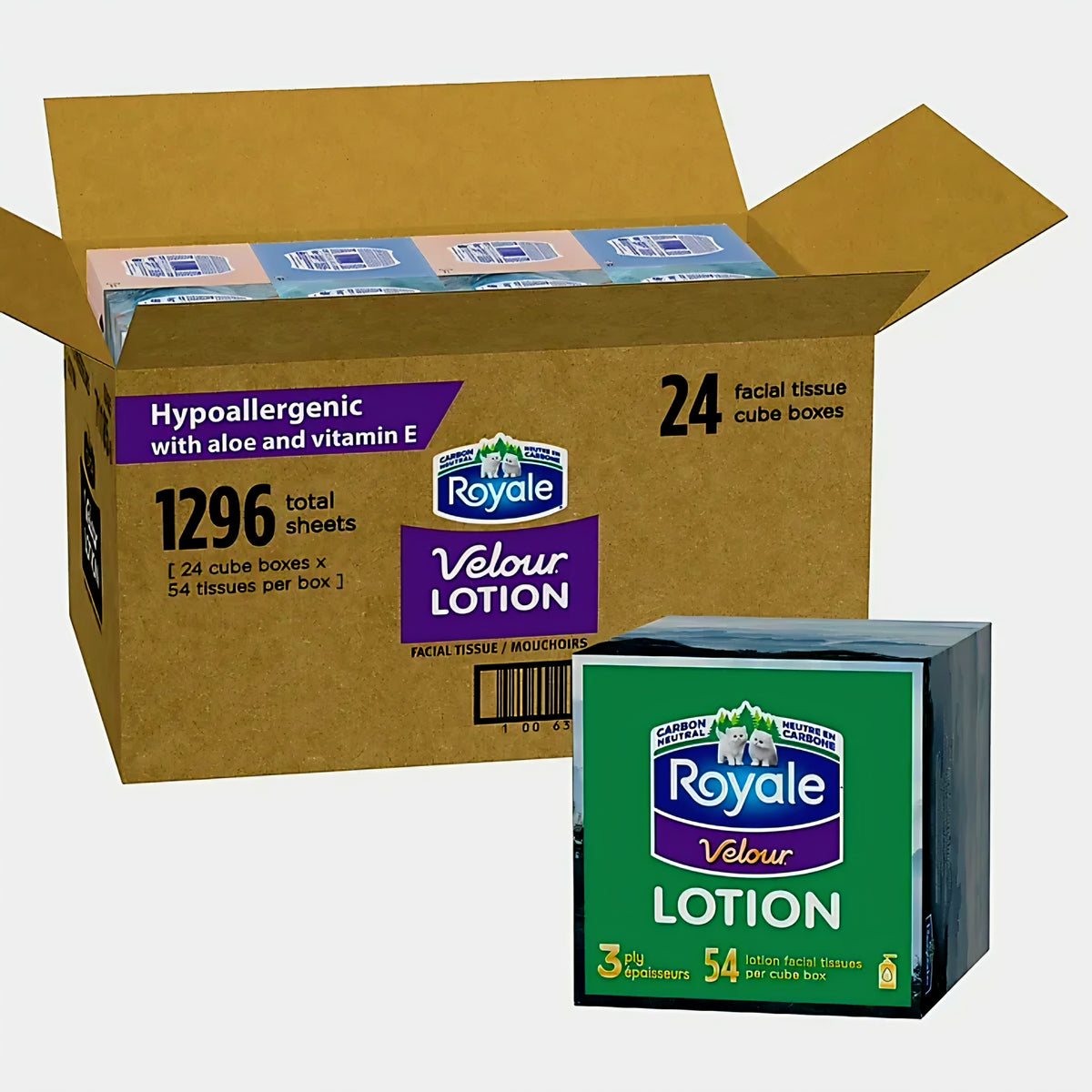 Royale Velour Lotion facial tissues, 24 cube boxes per case, 54 tissues per box