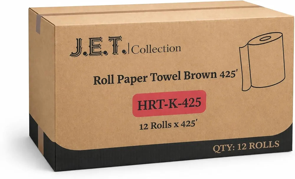 J.E.T. Collection brown paper towel rolls, 12 rolls per case, available in 350 ft and 425 ft