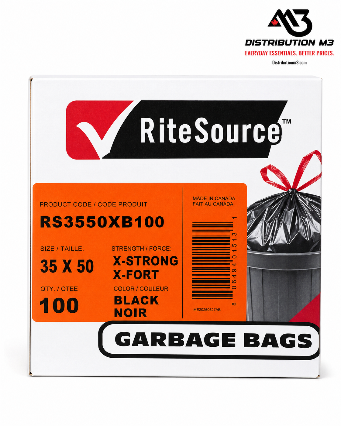 RiteSource black garbage bags 35 x 50 X-Strong, 100 bags per box