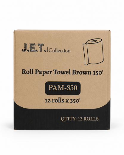 J.E.T. Collection brown paper towel rolls, 12 rolls per case, available in 350 ft and 425 ft
