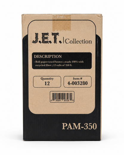 J.E.T. Collection brown paper towel rolls, 12 rolls per case, available in 350 ft and 425 ft