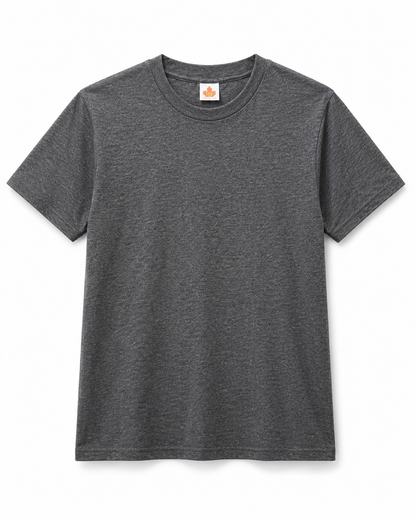 Classic cotton-blend T-shirts in charcoal and grey. Variant alt text: Charcoal classic cotton-blend T-shirt, 60 cotton 40 polyester; Grey classic cotton-blend T-shirt, 60 cotton 40 polyester.
