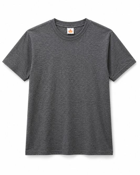 Classic cotton-blend T-shirts in charcoal and grey. Variant alt text: Charcoal classic cotton-blend T-shirt, 60 cotton 40 polyester; Grey classic cotton-blend T-shirt, 60 cotton 40 polyester.